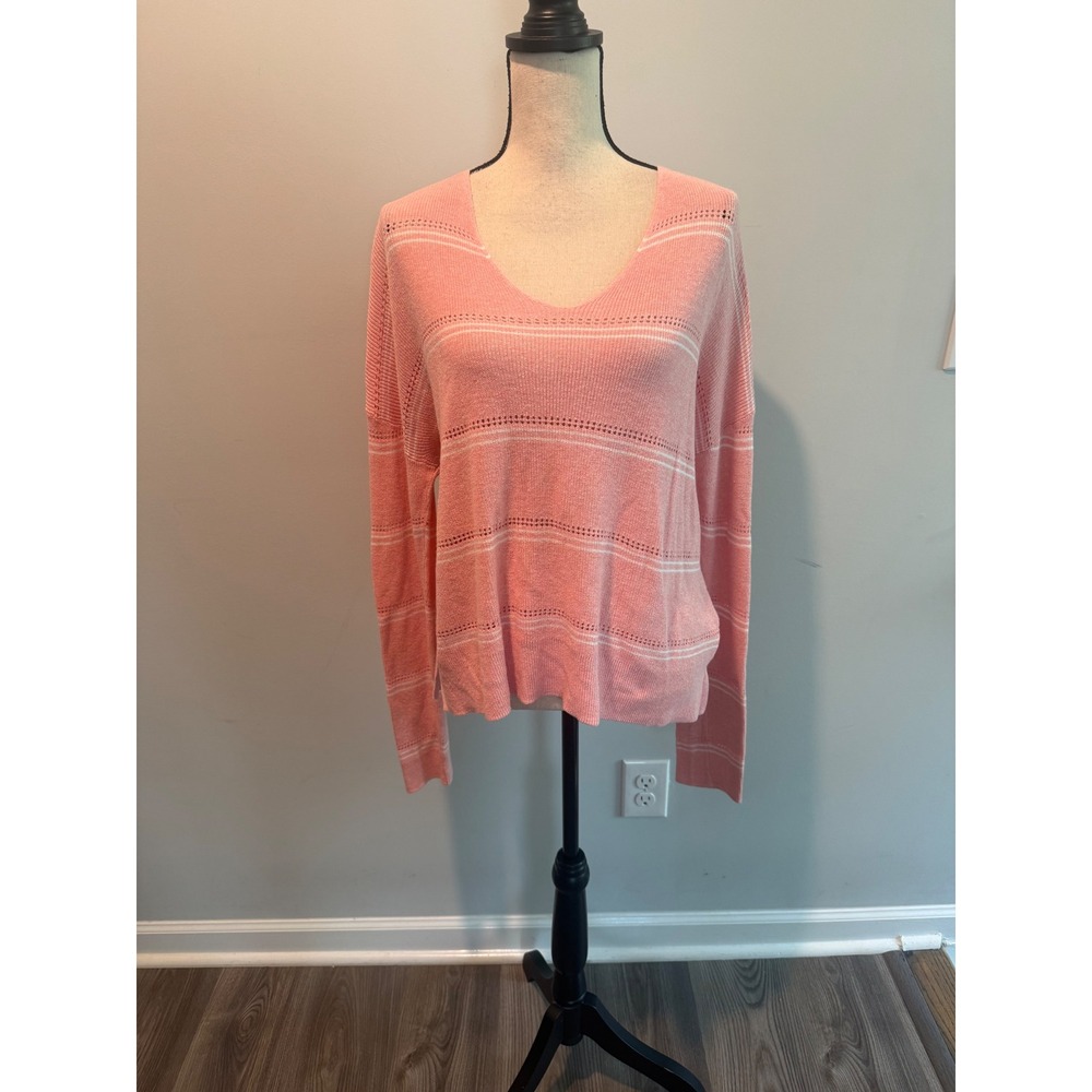 Carve Designs Pink Organic Cotton V-Neck Pointelle Knit Sweater Women's Large